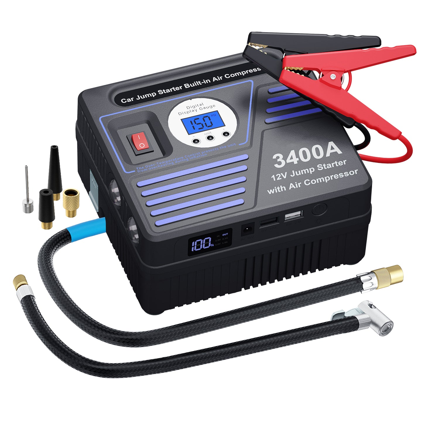 3400Amp Car Jump Starter with Air Compressor, 150PSI Tire Inflator with Digital Screen Pressure Gauge, 24000mAh 12V Auto Battery Booster (10.0L Gas/ 9LDiesel Engine), 2 USB Port 2 Light