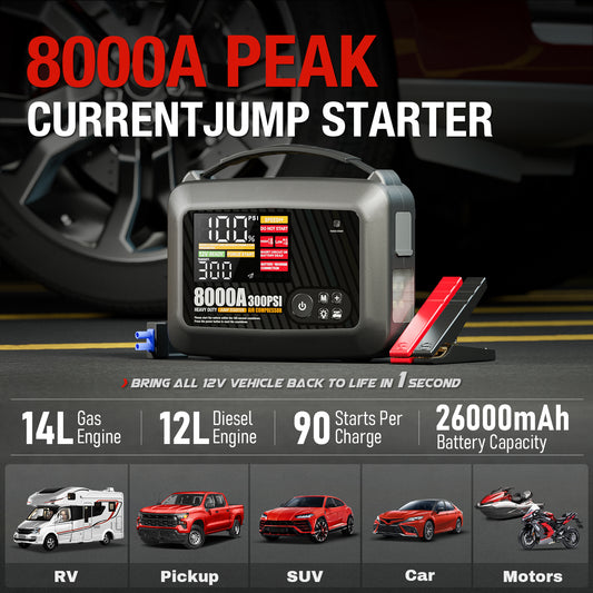 8000A Car Jump Starter With Air Compressor Power Bank Emergency Truck Heavy Duty
