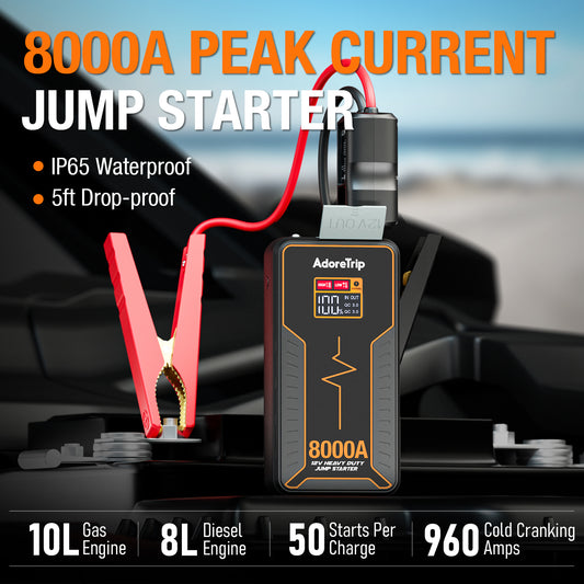 Portable Car Battery Jump Starter 8000 Peak Amp / 960 Cranking Amp 12V Smart Display Jumper Cables with Force Start for Car Booster Jump Start Box for 10L Gas/8L Diesel Engines, 48 Months Standby