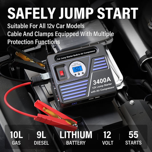 3400Amp Car Jump Starter with Air Compressor, 150PSI Tire Inflator with Digital Screen Pressure Gauge, 24000mAh 12V Auto Battery Booster (10.0L Gas/ 9LDiesel Engine), 2 USB Port 2 Light
