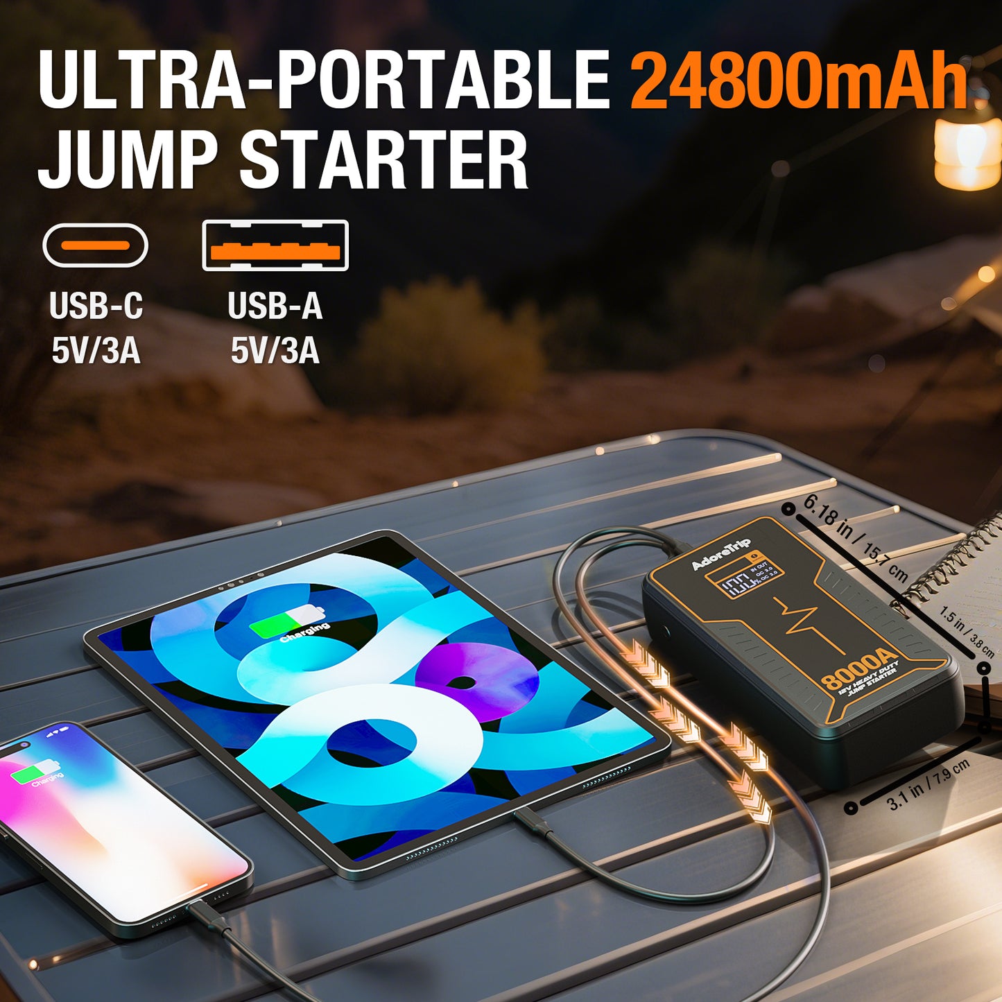 Portable Car Battery Jump Starter 8000 Peak Amp / 960 Cranking Amp 12V Smart Display Jumper Cables with Force Start for Car Booster Jump Start Box for 10L Gas/8L Diesel Engines, 48 Months Standby