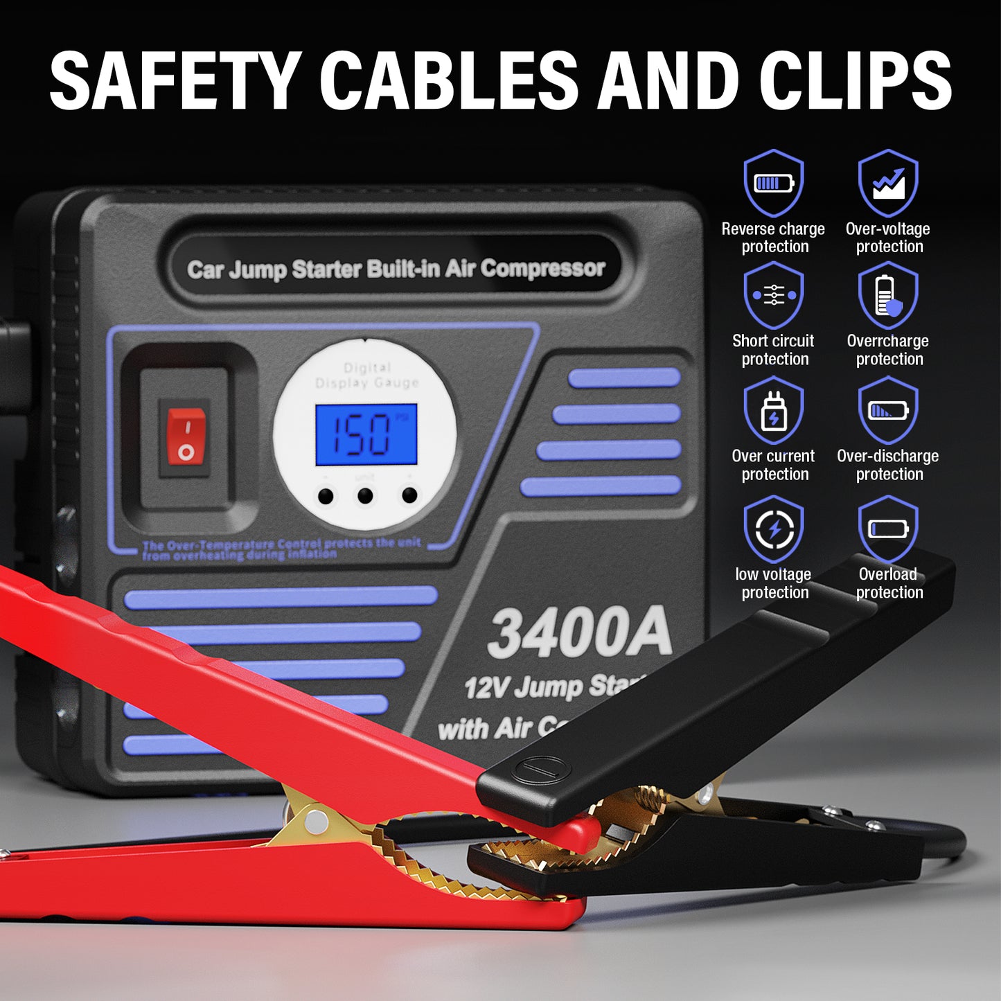 3400Amp Car Jump Starter with Air Compressor, 150PSI Tire Inflator with Digital Screen Pressure Gauge, 24000mAh 12V Auto Battery Booster (10.0L Gas/ 9LDiesel Engine), 2 USB Port 2 Light