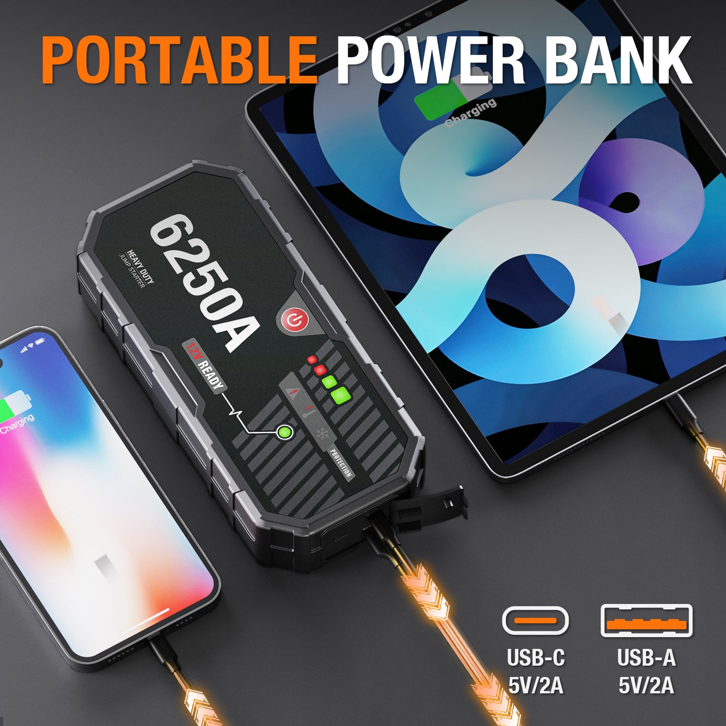 Car Battery Jump Starter 6250 Peak Amp / 960 Cranking Amp 12V Smart Display Jumper Cables with Force Start for Car Booster Jump Start Box for 10L Gas/8L Diesel Engines, 48 Months Standby