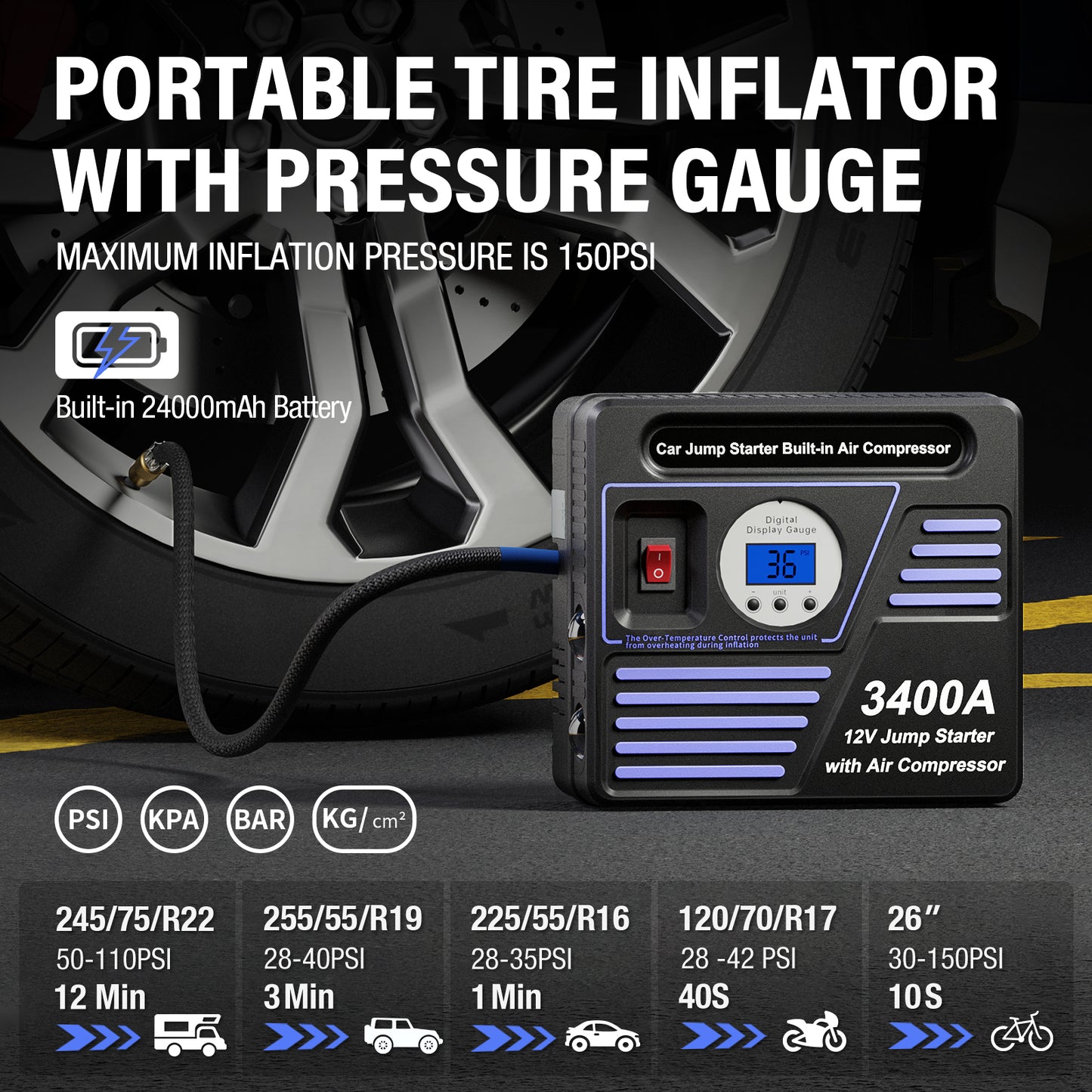 3400Amp Car Jump Starter with Air Compressor, 150PSI Tire Inflator with Digital Screen Pressure Gauge, 24000mAh 12V Auto Battery Booster (10.0L Gas/ 9LDiesel Engine), 2 USB Port 2 Light