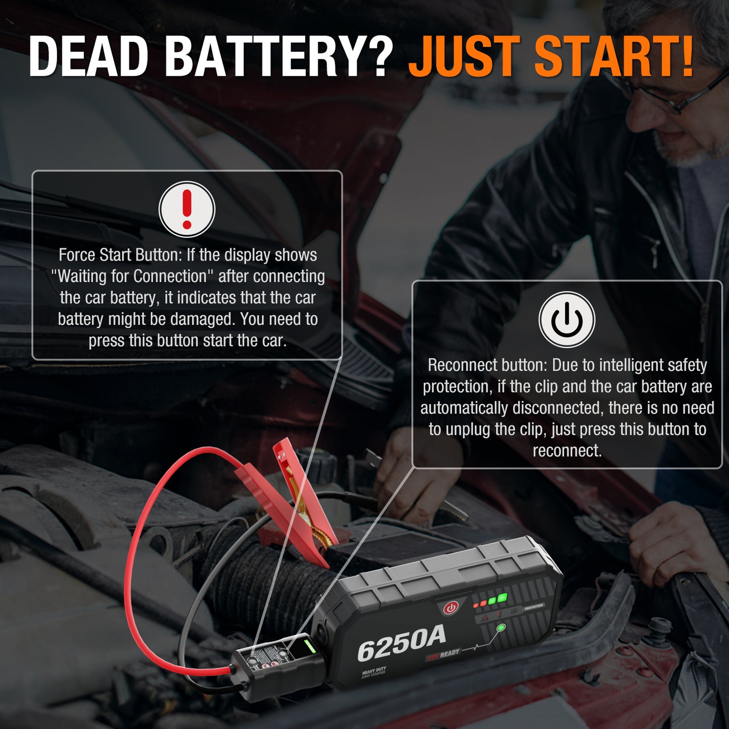 Car Battery Jump Starter 6250 Peak Amp / 960 Cranking Amp 12V Smart Display Jumper Cables with Force Start for Car Booster Jump Start Box for 10L Gas/8L Diesel Engines, 48 Months Standby