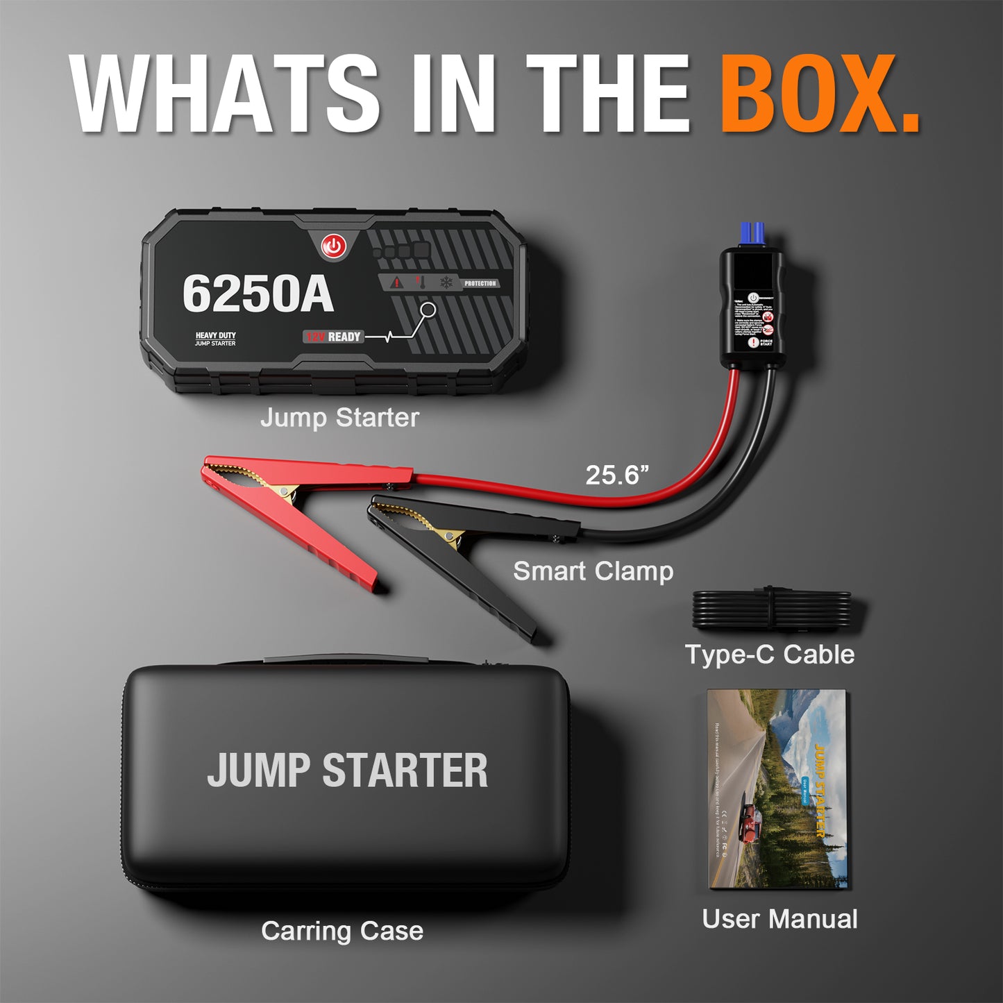 Car Battery Jump Starter 6250 Peak Amp / 960 Cranking Amp 12V Smart Display Jumper Cables with Force Start for Car Booster Jump Start Box for 10L Gas/8L Diesel Engines, 48 Months Standby