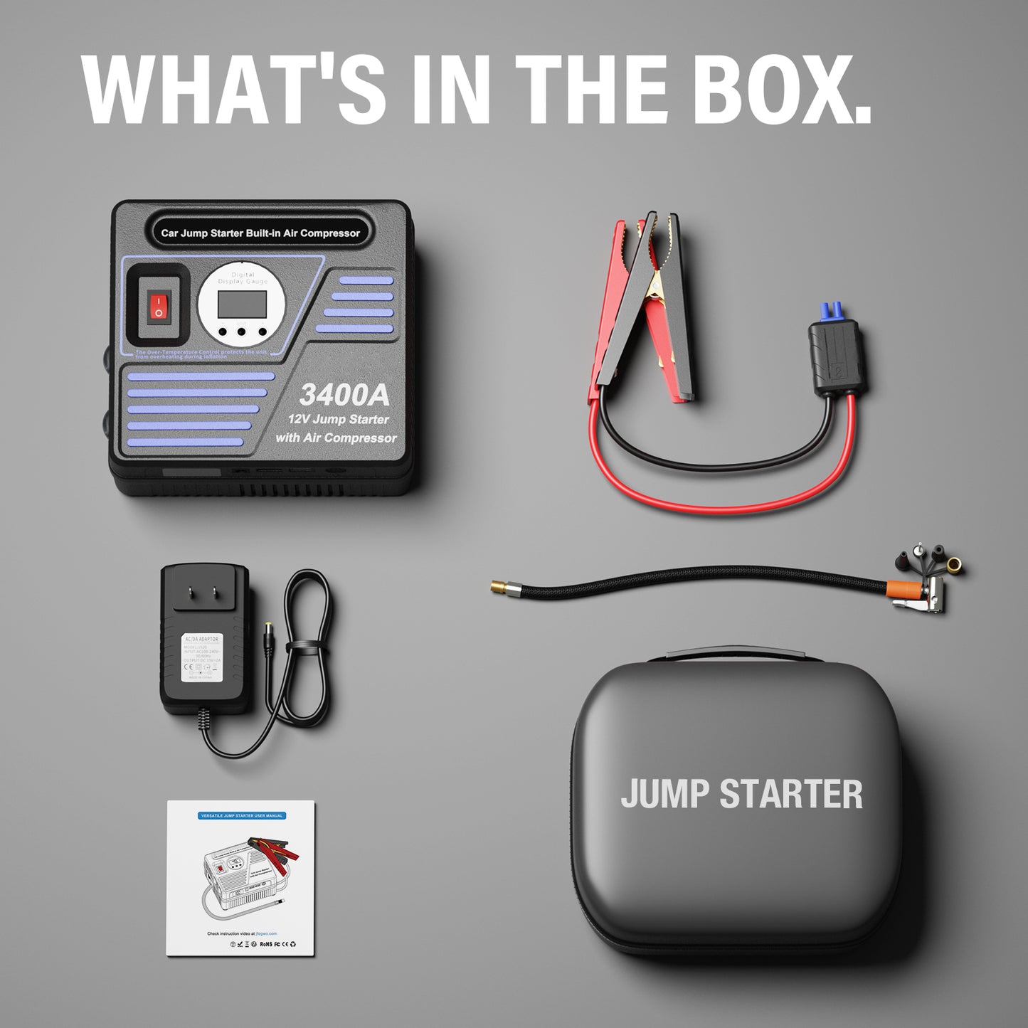3400Amp Car Jump Starter with Air Compressor, 150PSI Tire Inflator with Digital Screen Pressure Gauge, 24000mAh 12V Auto Battery Booster (10.0L Gas/ 9LDiesel Engine), 2 USB Port 2 Light