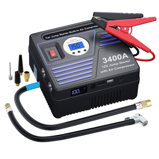 3400Amp Car Jump Starter with Air Compressor, 150PSI Tire Inflator with Digital Screen Pressure Gauge, 24000mAh 12V Auto Battery Booster (10.0L Gas/ 9LDiesel Engine), 2 USB Port 2 Light