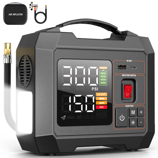 Portable Tire Inflator for Car 150PSI Cordless Air Compressor 50L/Min Fast Inflation with Auto Shutoff Battery Powered Air Pump with Digital Tire Pressure Gauge 3-300PSI for Bikes Motorcycles Balls