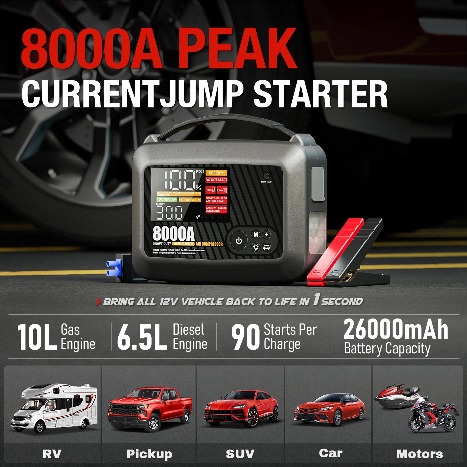 8000A Car Jump Starter With Air Compressor Power Bank Emergency
