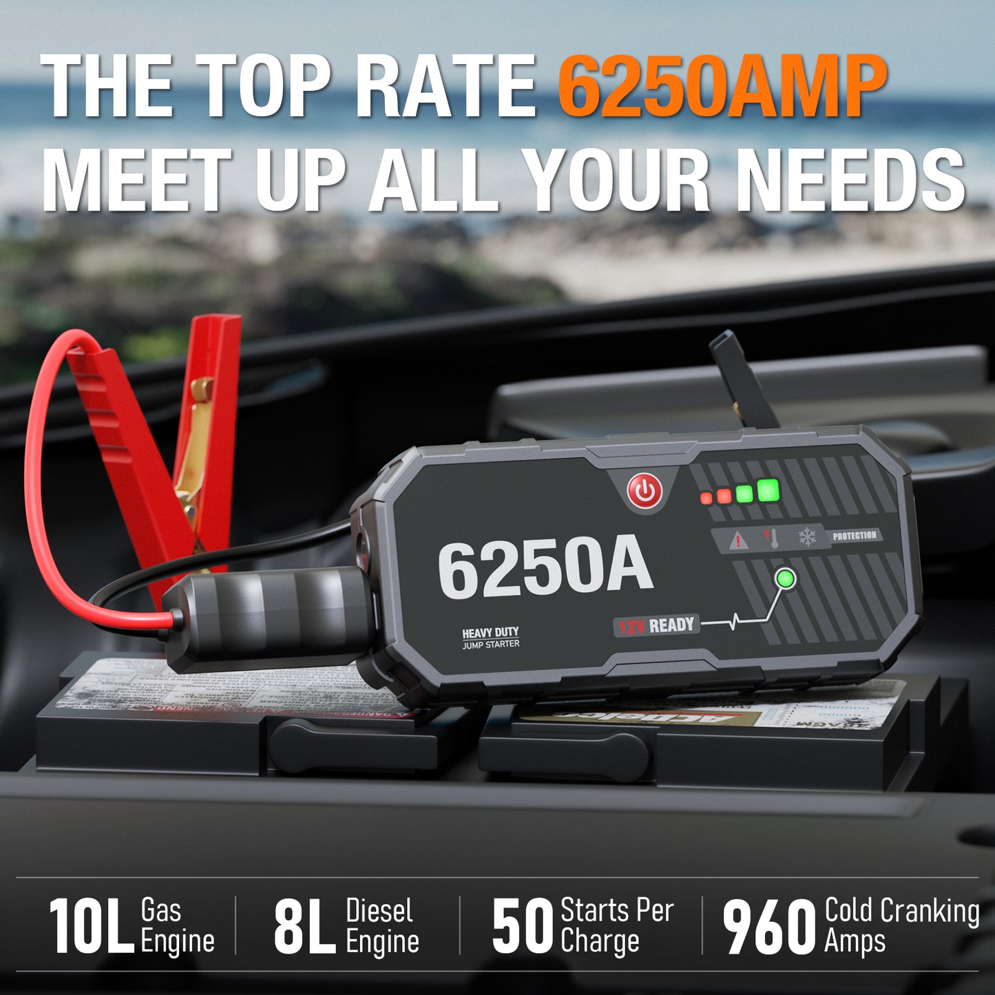 Car Battery Jump Starter 6250 Peak Amp / 960 Cranking Amp 12V Smart Display Jumper Cables with Force Start for Car Booster Jump Start Box for 10L Gas/8L Diesel Engines, 48 Months Standby