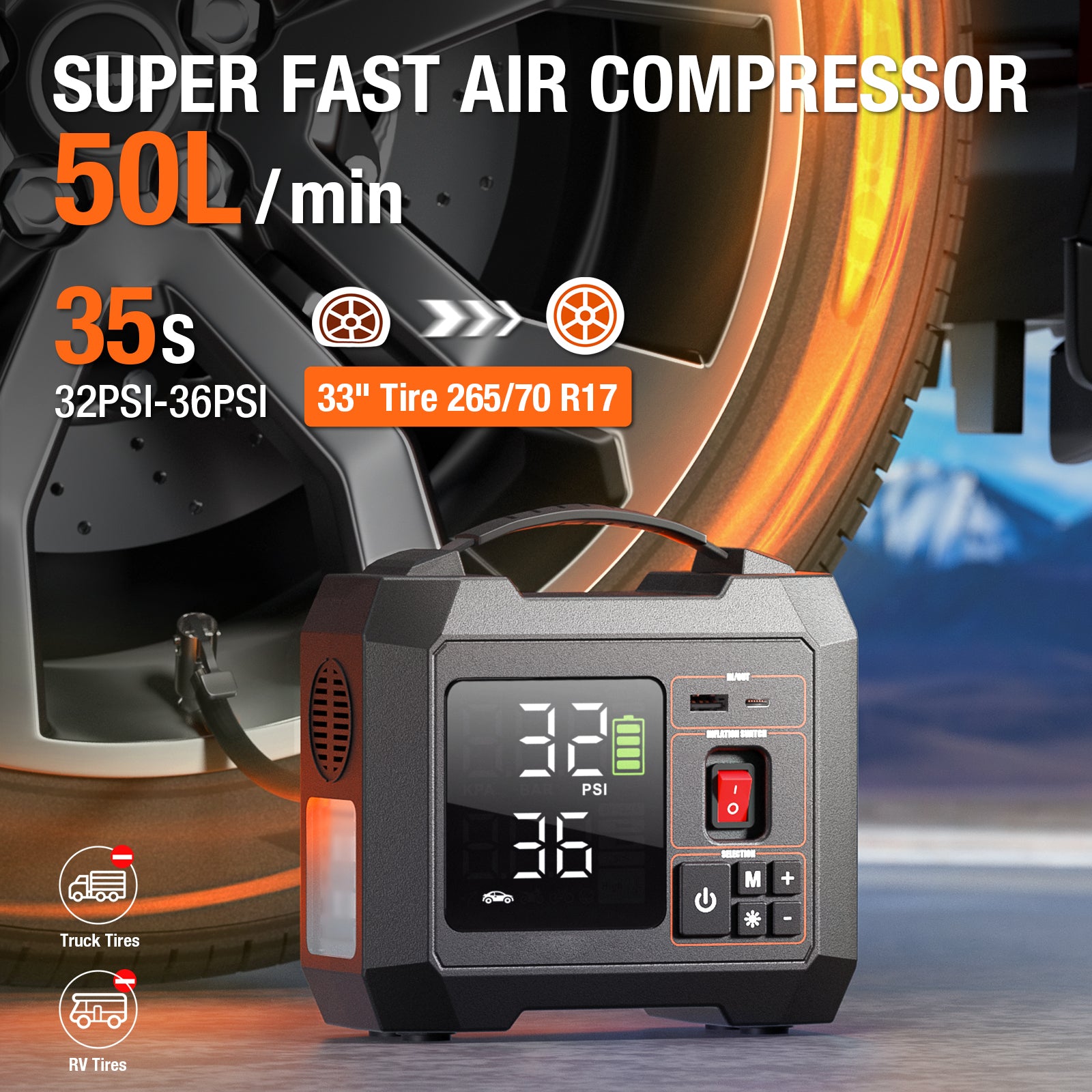 Portable Tire Inflator for Car 150PSI Cordless Air Compressor 50L/Min Fast Inflation with Auto Shutoff Battery Powered Air Pump with Digital Tire Pressure Gauge 3-300PSI for Bikes Motorcycles Balls