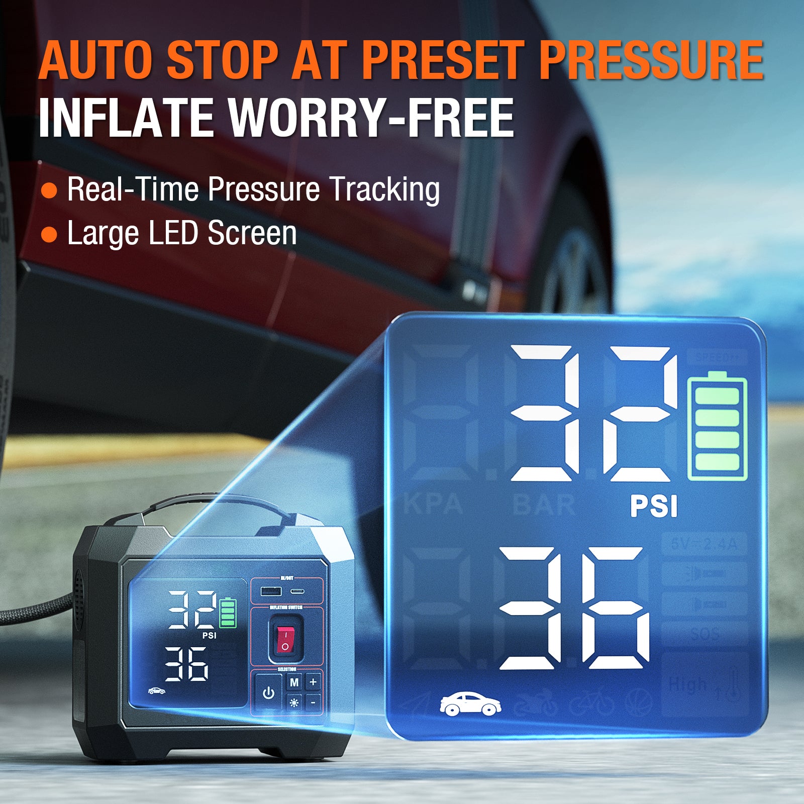 Portable Tire Inflator for Car 150PSI Cordless Air Compressor 50L/Min Fast Inflation with Auto Shutoff Battery Powered Air Pump with Digital Tire Pressure Gauge 3-300PSI for Bikes Motorcycles Balls