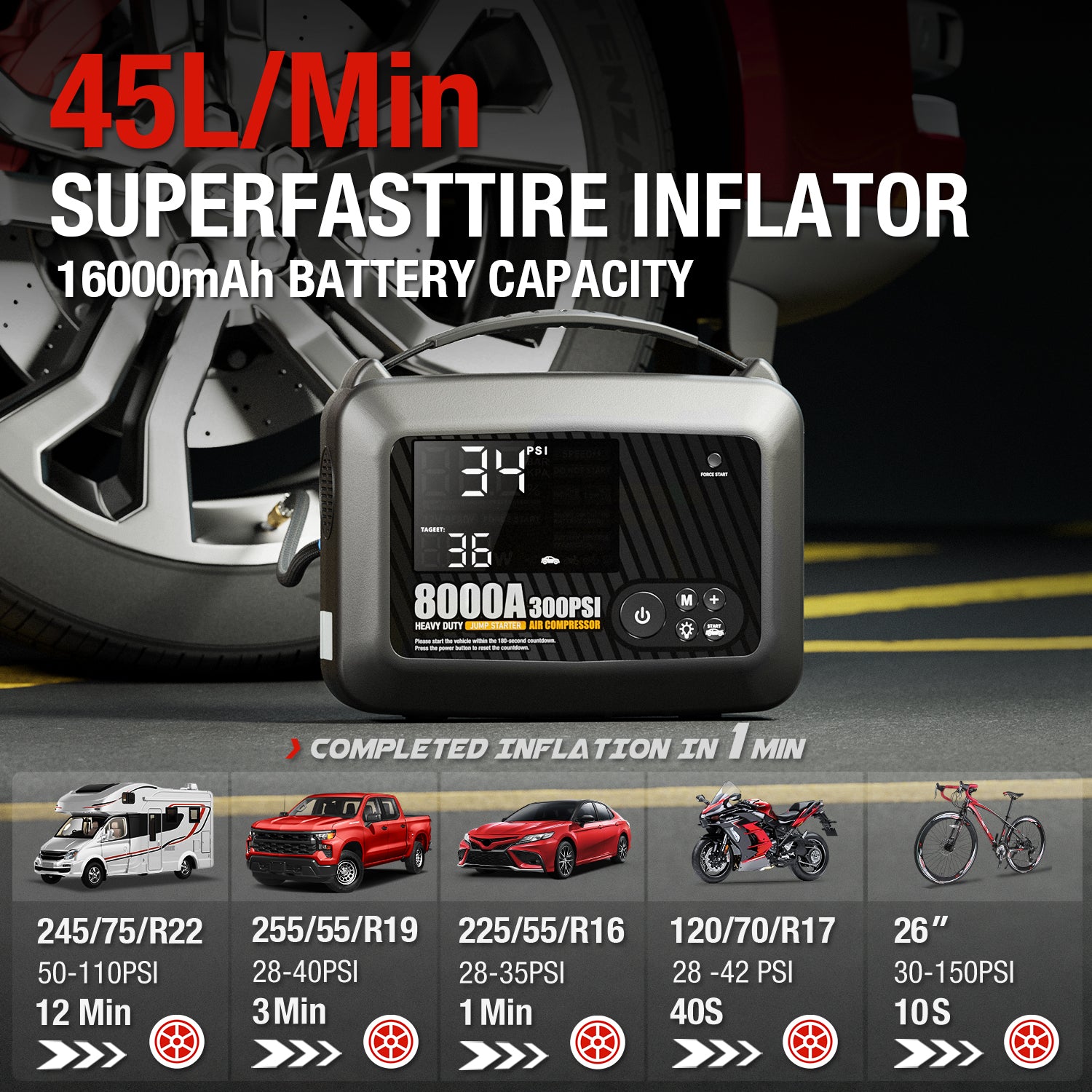 8000A Car Jump Starter With Air Compressor Power Bank Emergency Truck Heavy Duty