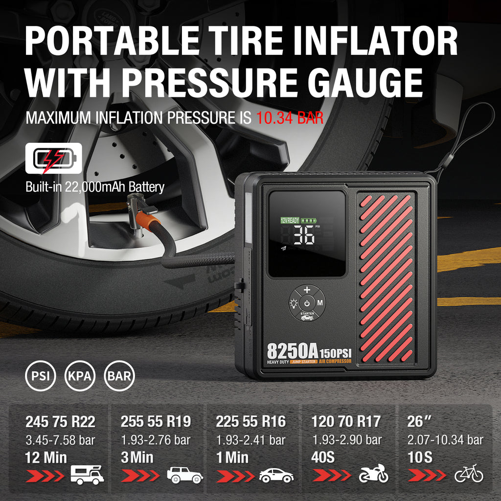 AdoreTrip Portable Jump Booster Starter 4000A with Air Compressor 150 PSI 10.3 BAR Tire Inflator For Home Cars & SUVs