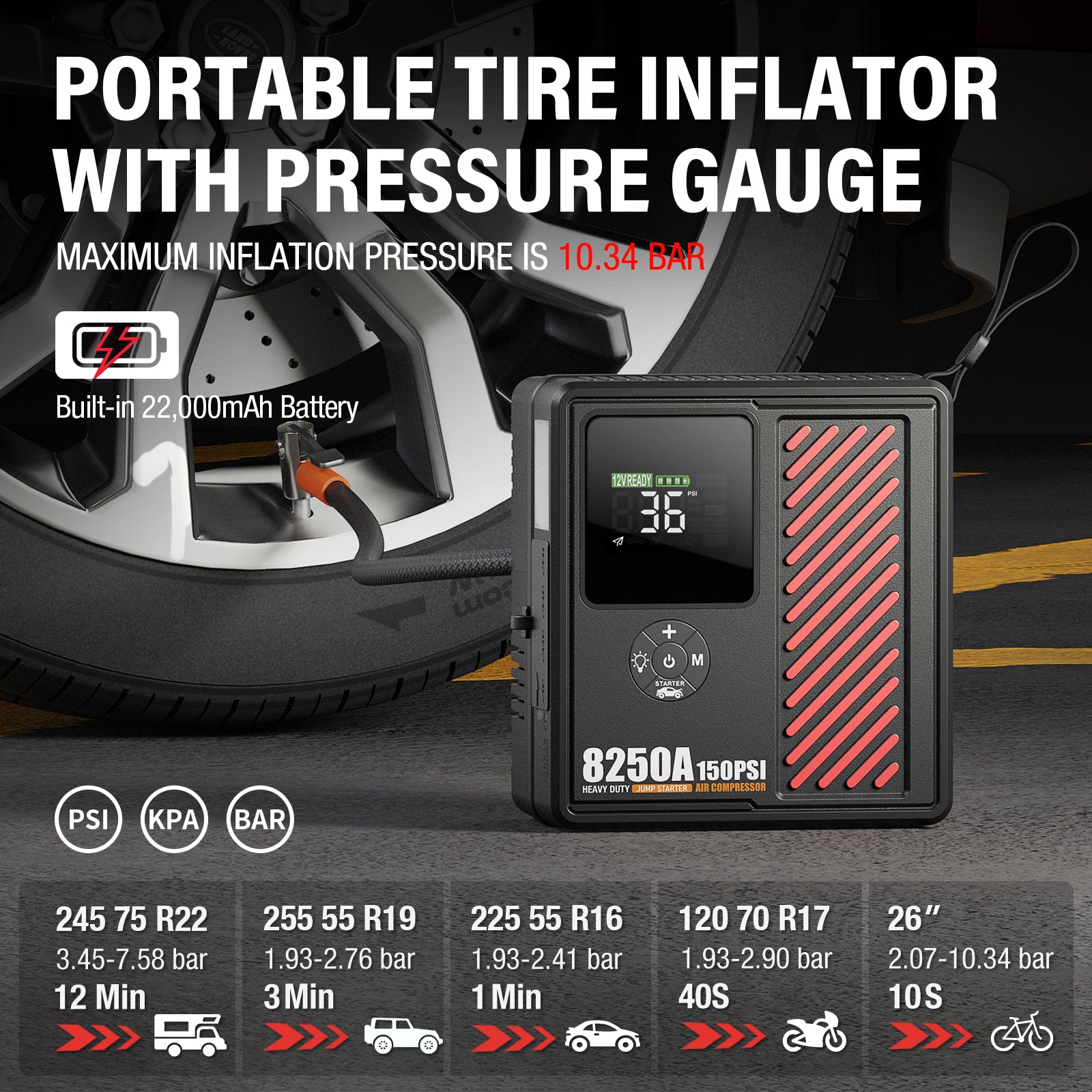 AdoreTrip Portable Jump Booster Starter 4000A with Air Compressor 150 PSI 10.3 BAR Tire Inflator For Home Cars & SUVs