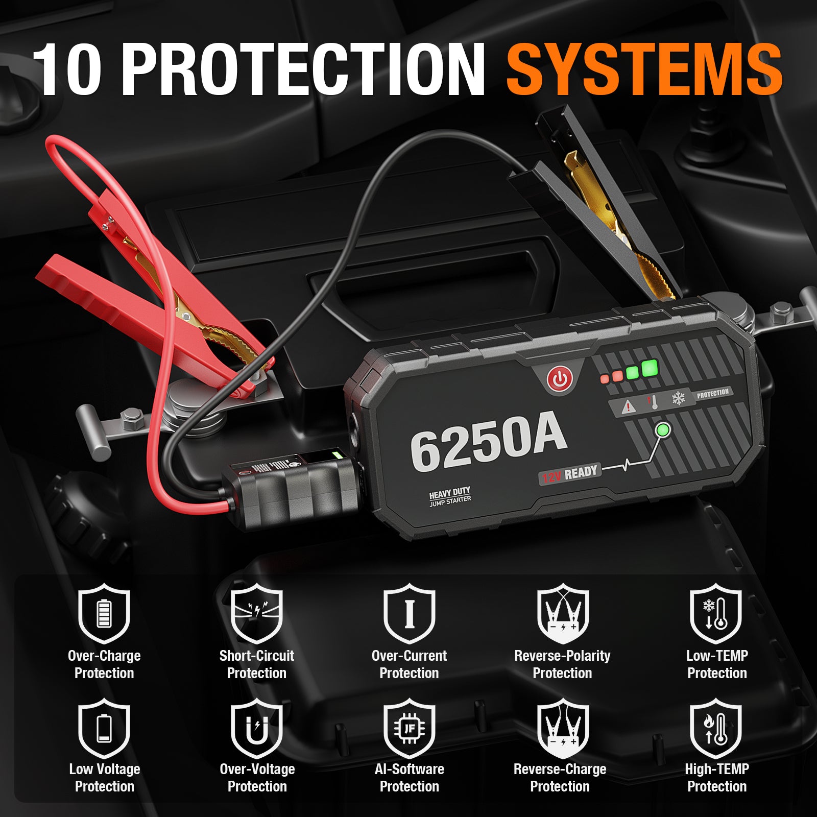 Car Battery Jump Starter 6250 Peak Amp / 960 Cranking Amp 12V Smart Display Jumper Cables with Force Start for Car Booster Jump Start Box for 10L Gas/8L Diesel Engines, 48 Months Standby