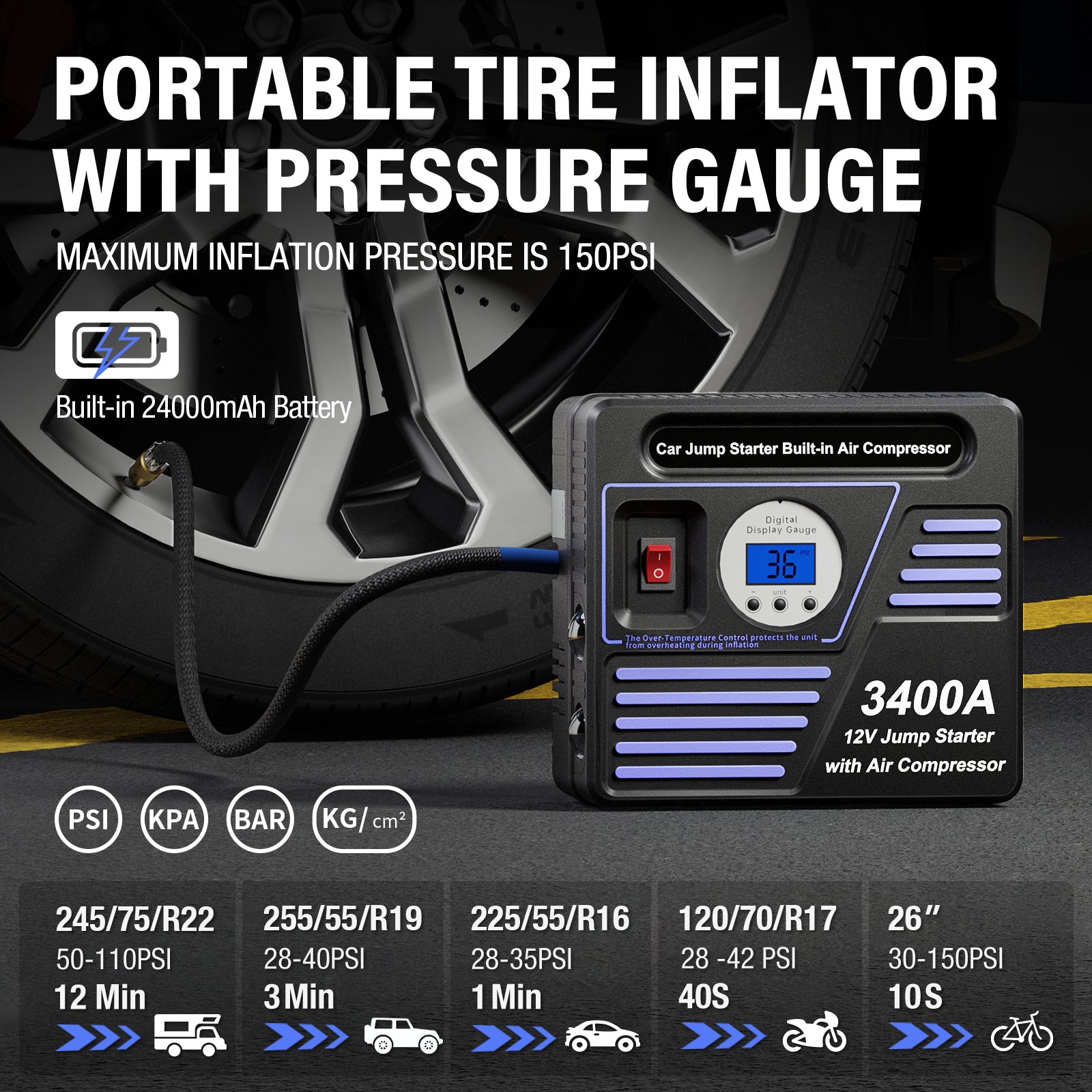 3400Amp Car Jump Starter with Air Compressor, 150PSI Tire Inflator with Digital Screen Pressure Gauge, 24000mAh 12V Auto Battery Booster (10.0L Gas/ 9LDiesel Engine), 2 USB Port 2 Light