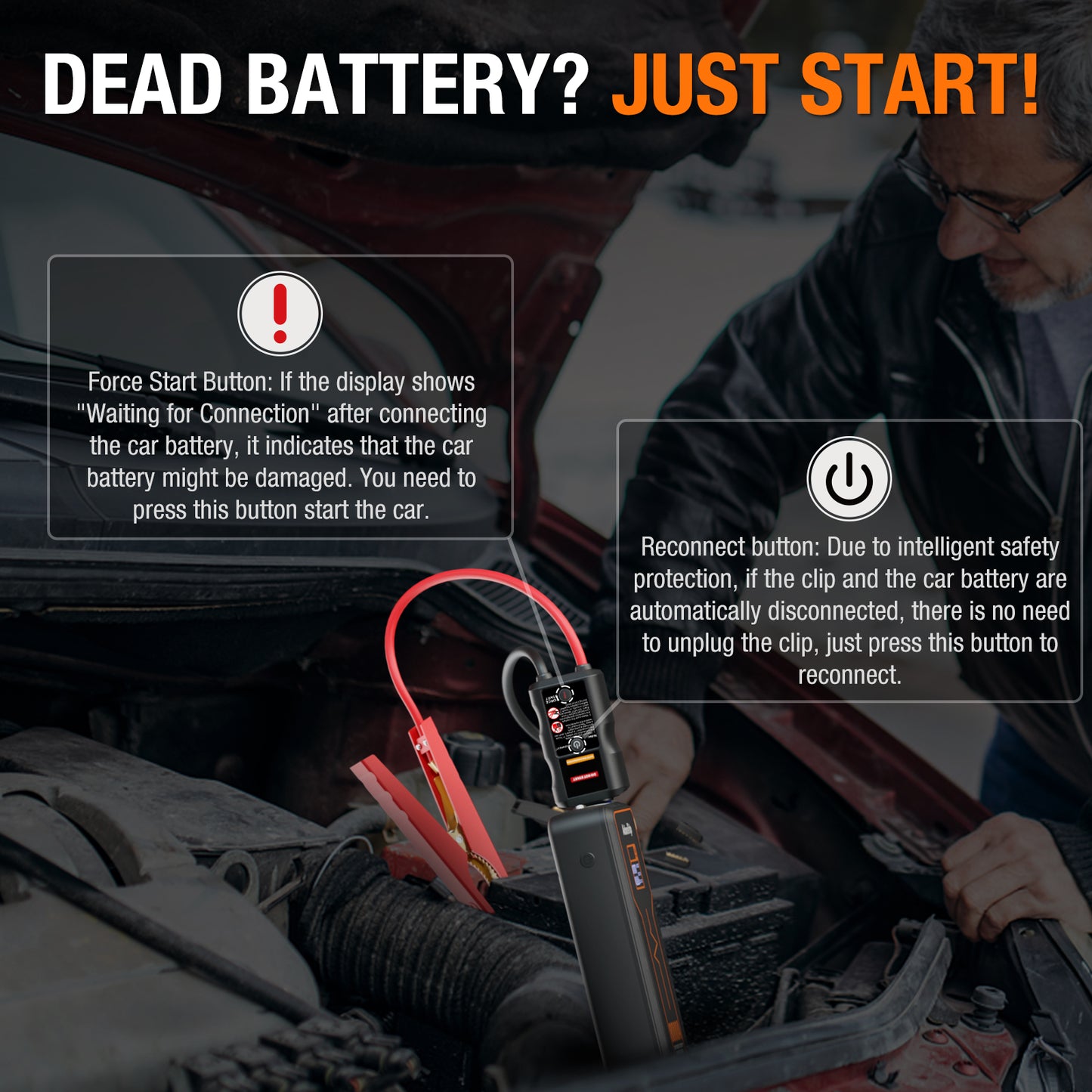 Portable Car Battery Jump Starter 8000 Peak Amp / 960 Cranking Amp 12V Smart Display Jumper Cables with Force Start for Car Booster Jump Start Box for 10L Gas/8L Diesel Engines, 48 Months Standby