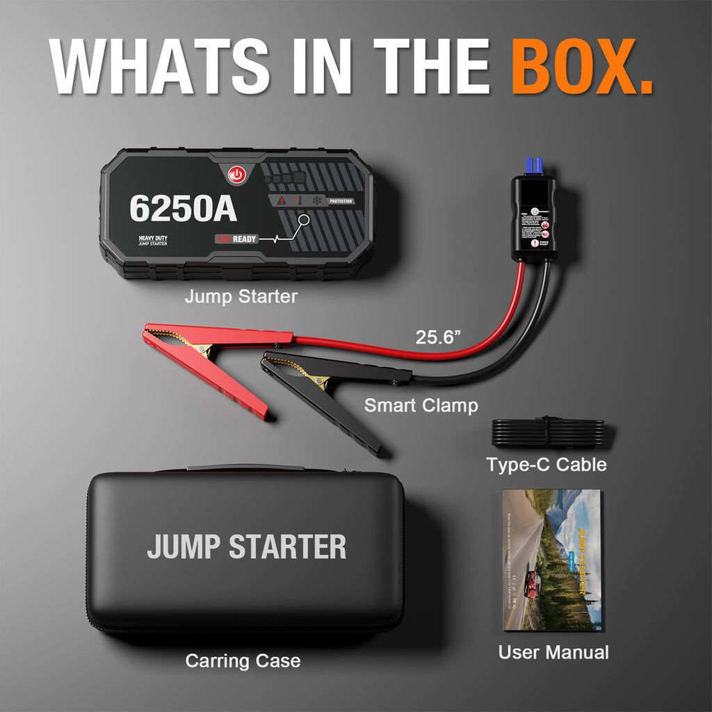 Car Battery Jump Starter 6250 Peak Amp / 960 Cranking Amp 12V Smart Display Jumper Cables with Force Start for Car Booster Jump Start Box for 10L Gas/8L Diesel Engines, 48 Months Standby