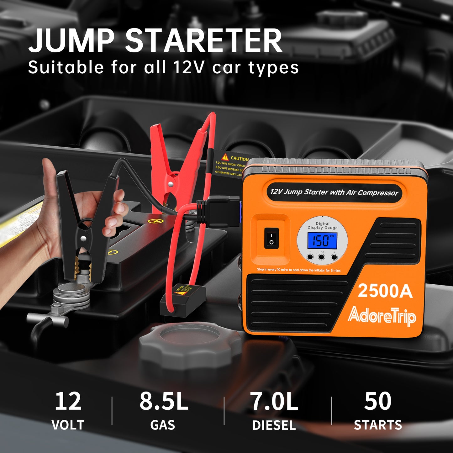 Adoretrip 2500 Amp Jump Starter with Air Compressor 12V Auto Battery Booster