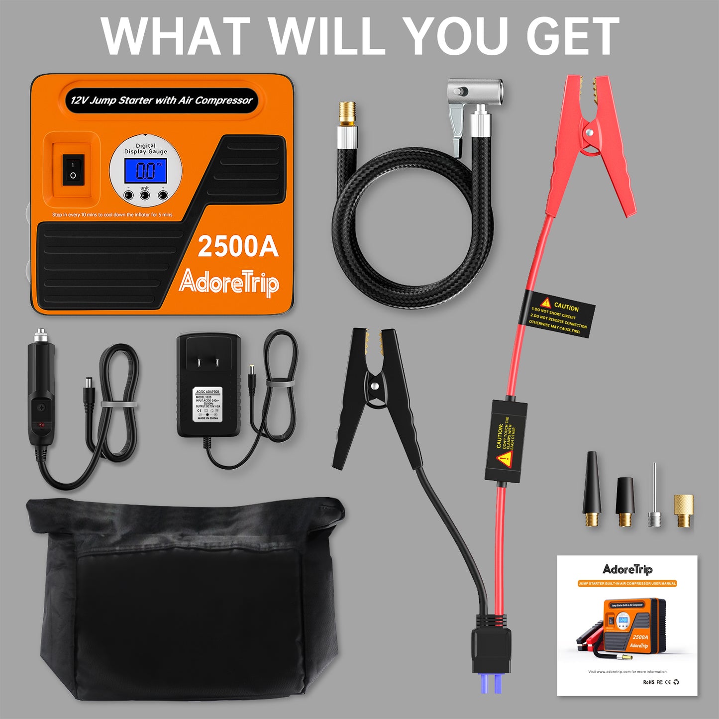 Adoretrip 2500 Amp Jump Starter with Air Compressor 12V Auto Battery Booster